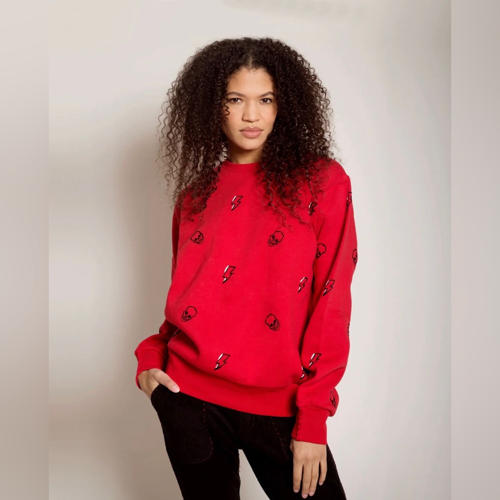 SWEATSHIRT Skeleto Red Hand Made Embroidered Cherry Sweatshirt Sz M